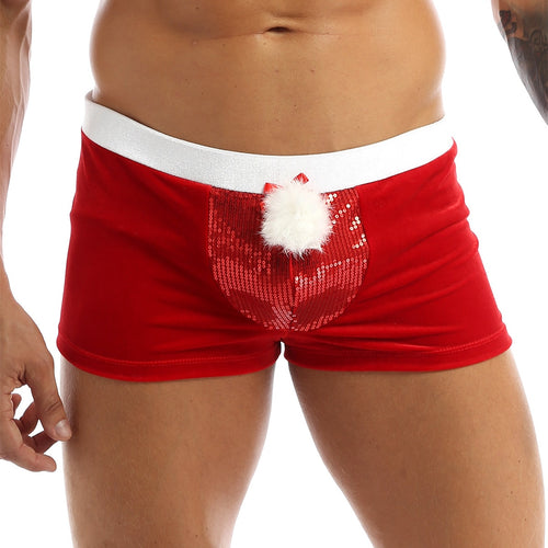 Mens Red Lingerie Velvet Funny Christmas Boxer Shorts Santa Claus Underwear Low Rise Shiny Sequins Bulge Pouch with a Plush Ball