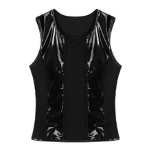 Load image into Gallery viewer, Mens Round Neck Sleeveless T-shirt See-through Hollow Out Fishnet Patchwork Patent Leather Tees Top Party Festival Sexy Clubwear