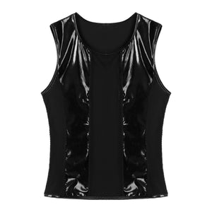 Mens Round Neck Sleeveless T-shirt See-through Hollow Out Fishnet Patchwork Patent Leather Tees Top Party Festival Sexy Clubwear