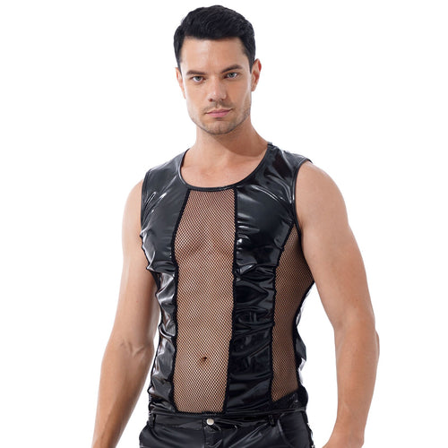 Mens Round Neck Sleeveless T-shirt See-through Hollow Out Fishnet Patchwork Patent Leather Tees Top Party Festival Sexy Clubwear