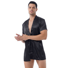 Load image into Gallery viewer, Mens Satin Kimono Home Night-robe See-Through Floral Lace Patchwork Back Short Sleeve Sleepwear Nightwear with Self-tie Belt