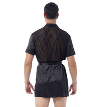 Load image into Gallery viewer, Mens Satin Kimono Home Night-robe See-Through Floral Lace Patchwork Back Short Sleeve Sleepwear Nightwear with Self-tie Belt