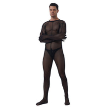 Load image into Gallery viewer, Mens See-through Mesh Bodystocking Zipper Crotch Bodysuit Sheer Skinny Jumpsuit With Patent Leather Bulge Pouch Nightclub Outfit