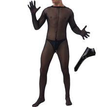 Load image into Gallery viewer, Mens See-through Mesh Bodystocking Zipper Crotch Bodysuit Sheer Skinny Jumpsuit With Patent Leather Bulge Pouch Nightclub Outfit