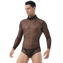 Load image into Gallery viewer, Mens See-through Mesh Leopard Printed Romper Jumpsuit Turtle Neck Long Sleeve Bodycon Bodysuit Party Stage Show Sexy Clubwear