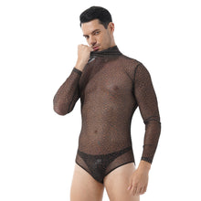 Load image into Gallery viewer, Mens See-through Mesh Leopard Printed Romper Jumpsuit Turtle Neck Long Sleeve Bodycon Bodysuit Party Stage Show Sexy Clubwear