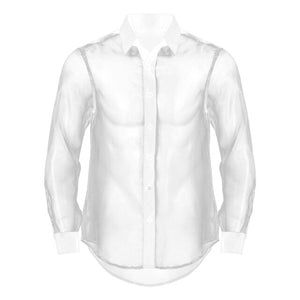 Mens See-through Organza Shirt Shiny Turn-down Collar Long Sleeve Button Down Shirts Tops for Party Club Stage Performance