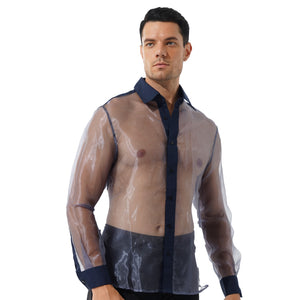 Mens See-through Organza Shirt Shiny Turn-down Collar Long Sleeve Button Down Shirts Tops for Party Club Stage Performance