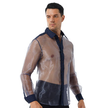 Load image into Gallery viewer, Mens See-through Organza Shirt Shiny Turn-down Collar Long Sleeve Button Down Shirts Tops for Party Club Stage Performance