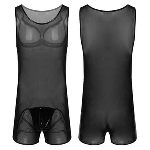 Mens Sexy See through Bodycon Patent Leather Patchwork Sheer Mesh Jumpsuits Nightwear Round Neck Sleeveless Bodysuit For Party