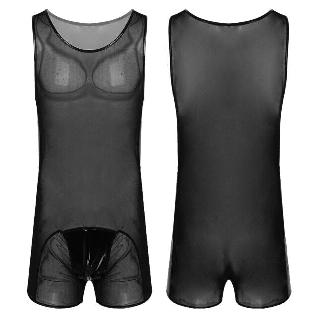 Mens Sexy See through Bodycon Patent Leather Patchwork Sheer Mesh Jumpsuits Nightwear Round Neck Sleeveless Bodysuit For Party