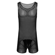Load image into Gallery viewer, Mens Sexy See through Bodycon Patent Leather Patchwork Sheer Mesh Jumpsuits Nightwear Round Neck Sleeveless Bodysuit For Party