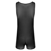 Load image into Gallery viewer, Mens Sexy See through Bodycon Patent Leather Patchwork Sheer Mesh Jumpsuits Nightwear Round Neck Sleeveless Bodysuit For Party