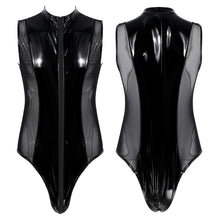 Load image into Gallery viewer, Mens Shiny Metallic Patent Leather Jumpsuits Sheer Mesh Splice Lingerie Sleeveless Double Zipper High Cut Thong Leotard Bodysuit