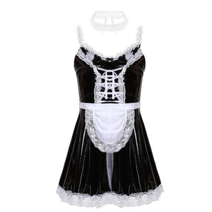 Mens Sissy Leather Maid Dress Cosplay Costume Lingerie Role Play Outfit Lace Trimming Sissy Maid Dress with Apron Neck Strap