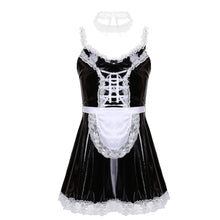 Load image into Gallery viewer, Mens Sissy Leather Maid Dress Cosplay Costume Lingerie Role Play Outfit Lace Trimming Sissy Maid Dress with Apron Neck Strap
