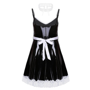 Mens Sissy Leather Maid Dress Cosplay Costume Lingerie Role Play Outfit Lace Trimming Sissy Maid Dress with Apron Neck Strap
