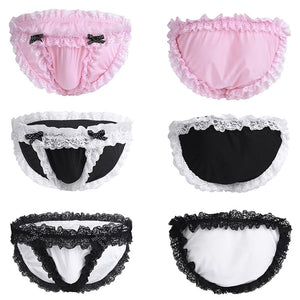 Mens Sissy Lingerie Underwear Breathable Low Waist Floral Lace Soft Bikini Briefs Bowknot Briefs Underpants Nightwear Underpants