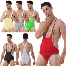 Load image into Gallery viewer, Mens Slim Fitted Bodycon Bodysuit Stretchy Deep U-Neck Sleeveless Skinny Jumpsuits Leotard Gym Sport Fitness Wrestling Singlet