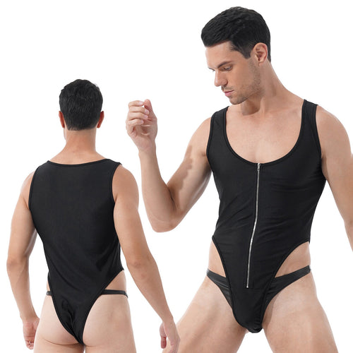 Mens Solid Color Sleeveless Zipper Front Leotard Jumpsuit Casual U Neck High Cut Skinny Bodysuit Sport Fitness Bodycon Nightwear