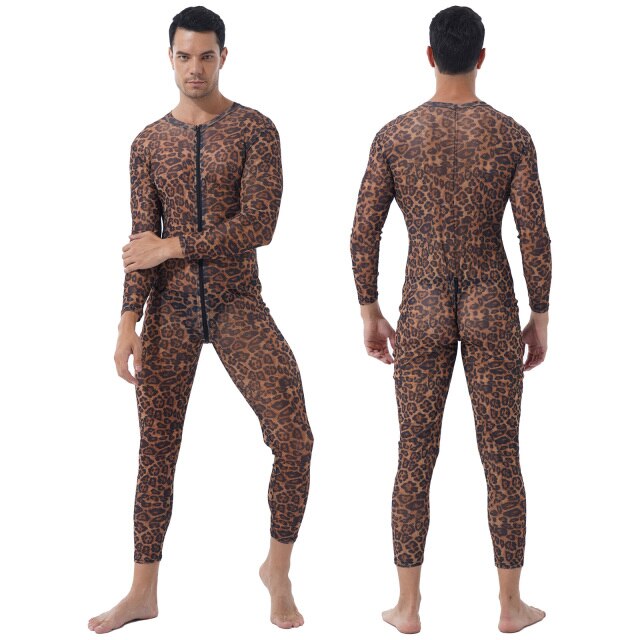 Mens Stripe Leopard Print Slim Romper One-piece Unitard See-through Skinny Jumpsuits Two-way Zipper Long Sleeve Leotard Bodysuit