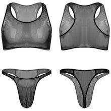 Load image into Gallery viewer, Mens Two-piece Erotic Lingerie Suit Swimwear See-through Mesh Sleeveless Cropped Tank Tops with Low Waist Thong Briefs Underwear
