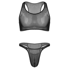 Load image into Gallery viewer, Mens Two-piece Erotic Lingerie Suit Swimwear See-through Mesh Sleeveless Cropped Tank Tops with Low Waist Thong Briefs Underwear