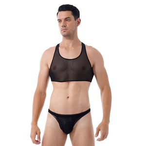 Mens Two-piece Erotic Lingerie Suit Swimwear See-through Mesh Sleeveless Cropped Tank Tops with Low Waist Thong Briefs Underwear