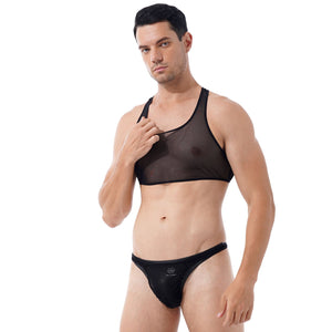 Mens Two-piece Erotic Lingerie Suit Swimwear See-through Mesh Sleeveless Cropped Tank Tops with Low Waist Thong Briefs Underwear