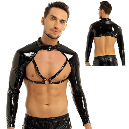 Mens Wetlook Faux Leather Tank Top Long Sleeve Stand Collar Studded Muscle O Ring Front Half Tank Top Sexy Nightclub Clubwear