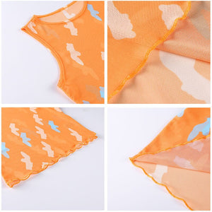 Mesh Sexy Summer Tank for Women Personalized Print Sleeveless Crop Top 2021 O-neck Green Orange Party Tanks Tops Fashion Design