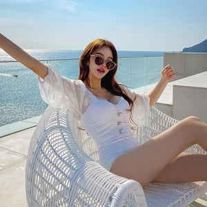 Mesh Short Sleeves Off Shoulder Monokini Female Sexy Wrap Chest Pleated Bodysuit Korea Style Trikini One Piece Bathing Suit