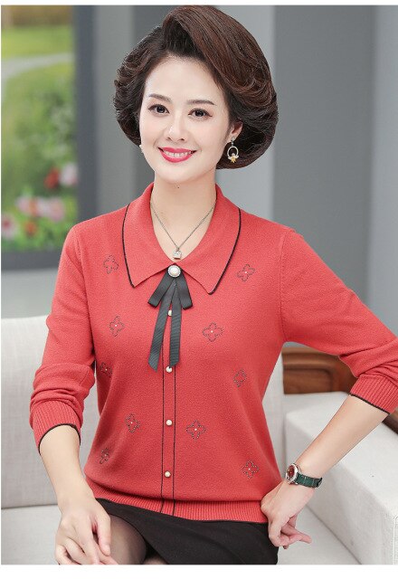 Middle Aged  Elderly Mothers Embroider Round Neck Pullover  Bottoming Loose Long Sleeved Women'S Sweater Knitting Spring  Autumn
