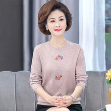 Load image into Gallery viewer, Middle Aged  Elderly Mothers Embroider Round Neck Pullover  Bottoming Loose Long Sleeved Women&#39;S Sweater Knitting Spring  Autumn