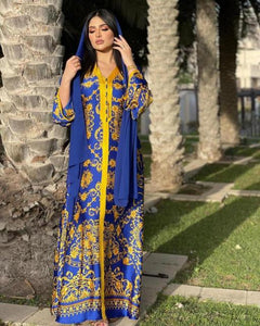 Middle East Arab Women's Muslim Satin Robe Southeast Asia Middle East Blue Fashion Printed Dress For Eid Without Turban