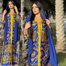 Load image into Gallery viewer, Middle East Arab Women&#39;s Muslim Satin Robe Southeast Asia Middle East Blue Fashion Printed Dress For Eid Without Turban