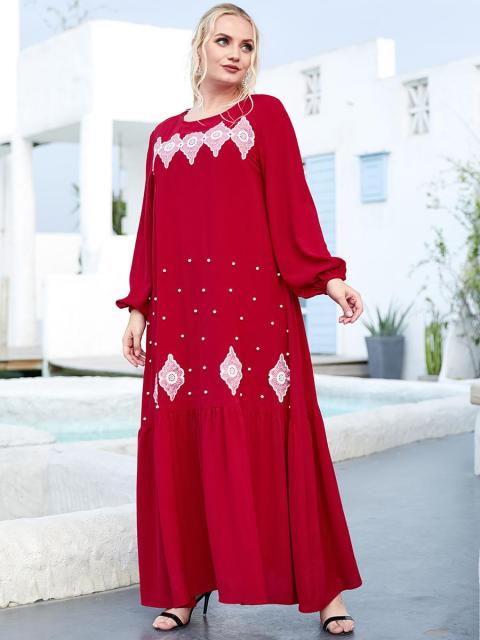 Middle East Dignified Red Plus Size Ladies Embroidered Beaded Long-sleeved Arabian Casual Long Skirt Muslim Prayer Clothes