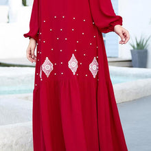 Load image into Gallery viewer, Middle East Dignified Red Plus Size Ladies Embroidered Beaded Long-sleeved Arabian Casual Long Skirt Muslim Prayer Clothes