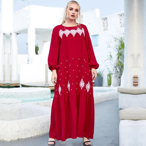 Middle East Dignified Red Plus Size Ladies Embroidered Beaded Long-sleeved Arabian Casual Long Skirt Muslim Prayer Clothes