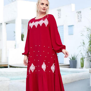Middle East Dignified Red Plus Size Ladies Embroidered Beaded Long-sleeved Arabian Casual Long Skirt Muslim Prayer Clothes