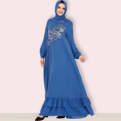 Middle East  Muslim Fashion Oversized Size Women's Embroidered Beaded Casual Dress With Headscarf Kaftan Islamic For Women Robe