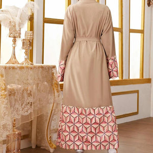 Middle East Muslim New Fashion Geometric Stitching Lace Dubai Arab Cardigan Robe Muslim Woman Caftan Daily Casual Home Wear