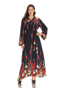 Middle East Muslim New Product V-neck Long-sleeved Lace-up Printed Large-scale Temperament Long Ethnic Style Satin Maxi Dress