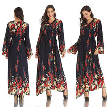 Load image into Gallery viewer, Middle East Muslim New Product V-neck Long-sleeved Lace-up Printed Large-scale Temperament Long Ethnic Style Satin Maxi Dress