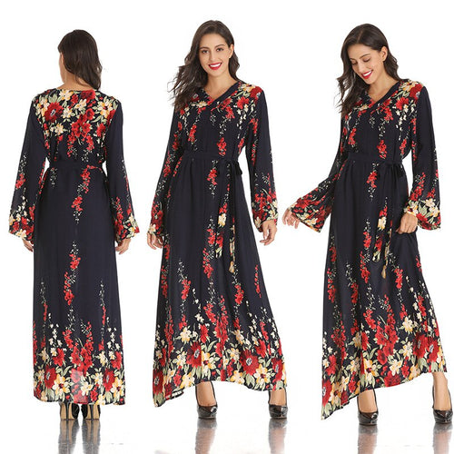 Middle East Muslim New Product V-neck Long-sleeved Lace-up Printed Large-scale Temperament Long Ethnic Style Satin Maxi Dress