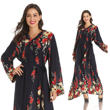 Load image into Gallery viewer, Middle East Muslim New Product V-neck Long-sleeved Lace-up Printed Large-scale Temperament Long Ethnic Style Satin Maxi Dress