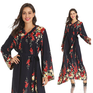 Middle East Muslim New Product V-neck Long-sleeved Lace-up Printed Large-scale Temperament Long Ethnic Style Satin Maxi Dress