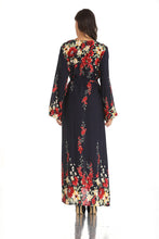 Load image into Gallery viewer, Middle East Muslim New Product V-neck Long-sleeved Lace-up Printed Large-scale Temperament Long Ethnic Style Satin Maxi Dress