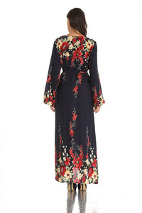 Middle East Muslim New Product V-neck Long-sleeved Lace-up Printed Large-scale Temperament Long Ethnic Style Satin Maxi Dress