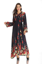 Load image into Gallery viewer, Middle East Muslim New Product V-neck Long-sleeved Lace-up Printed Large-scale Temperament Long Ethnic Style Satin Maxi Dress